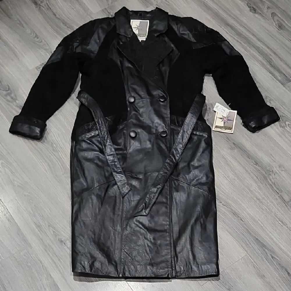 NWT Deadstock Vintage Black Suede & Pebbled Leather Trench Coat